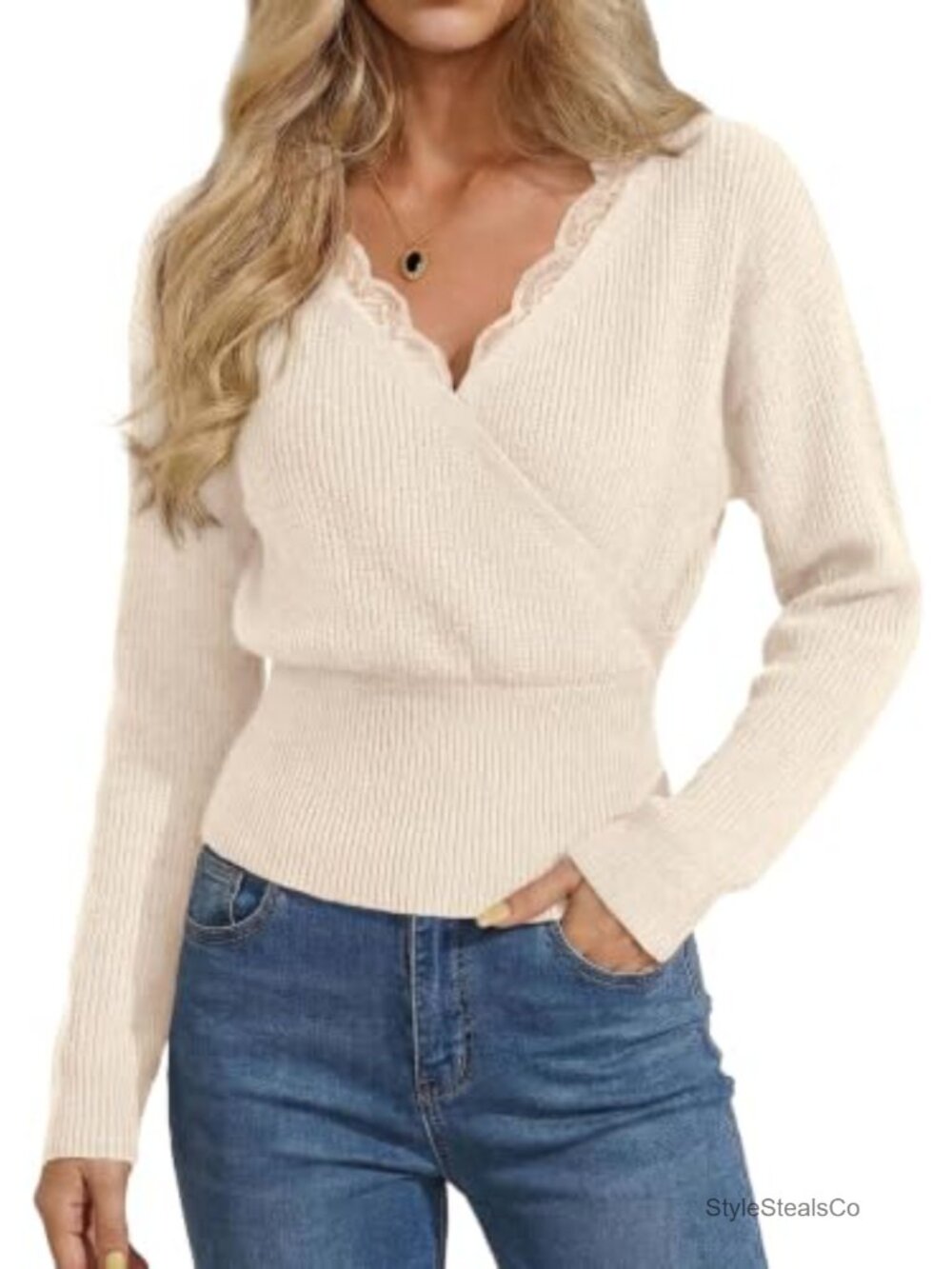 Women's Lace Trim V Neck Wrap Sweater Cropped Fall Pullover